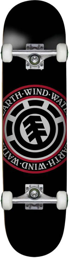 The Element Seal Complete Skateboard - 8" x 31" by Element showcases a black deck with a circular emblem, "EARTH," "WIND," and "WATER" text, stylized leaf logo, plus white wheels and silver trucks.