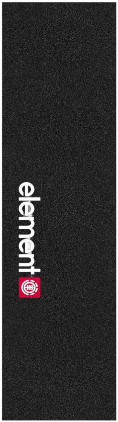 The Element Classic Logo 9" Skateboard Griptape in black features bold white vertical "element" text and a red square with a white tree logo—ideal for any Element skateboard.
