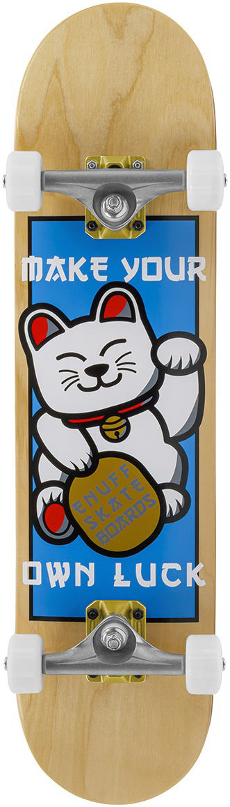 The Enuff Lucky Cat Natural Complete Skateboard - 8.0" x 32" by Enuff is ideal for beginners, featuring a waving white lucky cat with a gold coin on blue and "MAKE YOUR OWN LUCK" text—perfect for street or park skating.