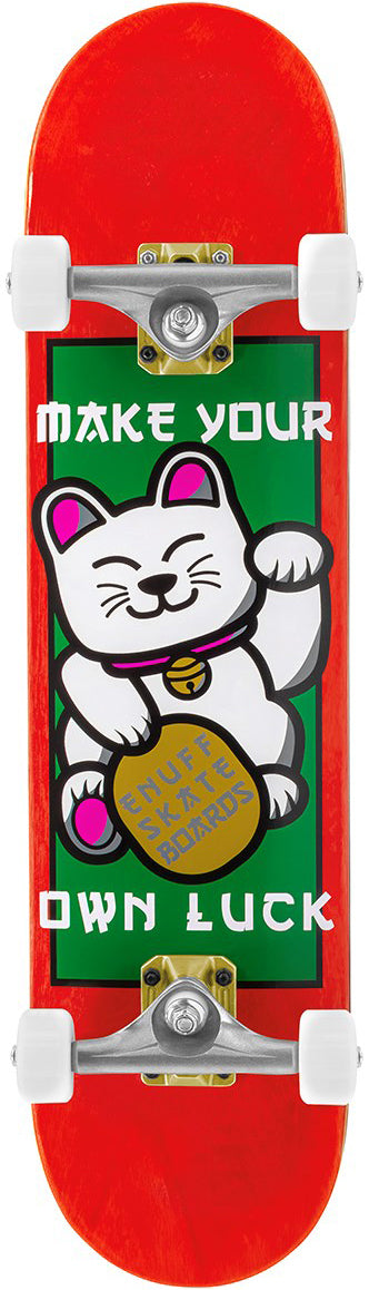 The Enuff Lucky Cat Red Complete Skateboard 8.0" x 32" features a waving white lucky cat on green with “Make Your Own Luck” text—perfect for street and park skating.