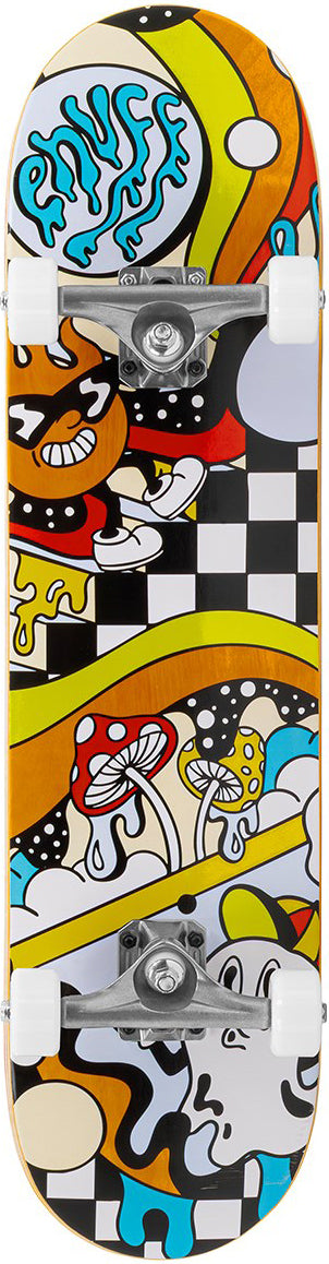 The Enuff Meltworld Confused Complete Skateboard (7.75" x 31.5") by Enuff features vibrant cartoon-style art with abstract characters, mushrooms, dripping shapes, and a checkerboard—ideal for beginner skateboarders seeking playful style.