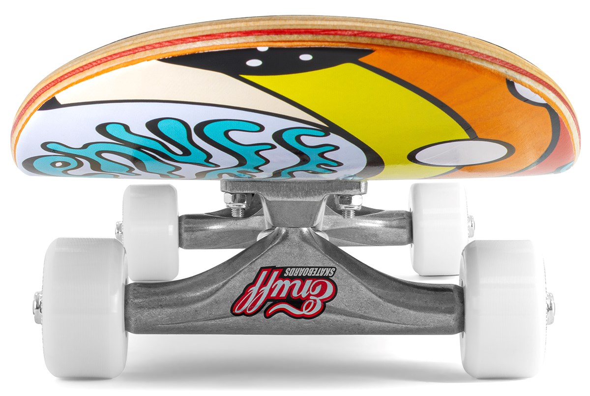 A close-up, low-angle view of the Enuff Meltworld Confused Complete Skateboard (7.75" x 31.5") by Enuff, with bold graphics, white wheels, and metal trucks—ideal as a full-size or beginner skateboard.