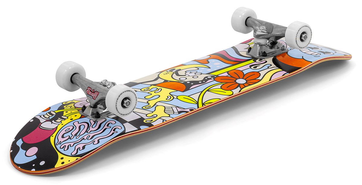The Enuff Meltworld Mini Dazed Complete Skateboard (7.25" x 29.5") by Enuff features a vibrant, cartoon-style deck with flowers and playful patterns, white wheels, and is perfect as a kids skateboard.