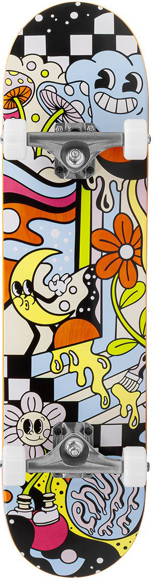 The Enuff Meltworld Mini Dazed Complete Skateboard (7.25" x 29.5") features a bold cartoon-style design with smiling faces, vibrant flowers, mushrooms, hands, paint splatters, and a checkerboard—perfect for kids.