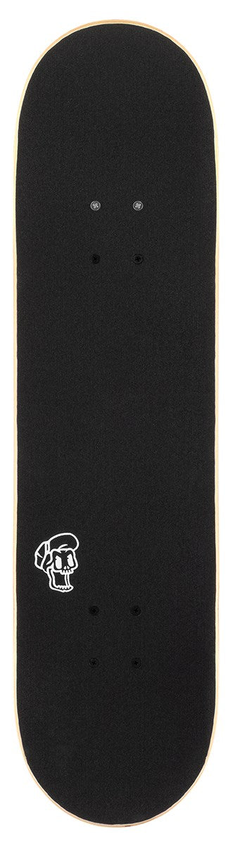 The Enuff Meltworld Mini Dazed Complete Skateboard (7.25" x 29.5") by Enuff features a black deck with plain grip tape and a small white skull-in-cap graphic near one end, shown against a white background.