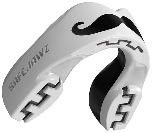 The Safejawz Extro Series Protection Mouthguard - Mo is a white mouthguard with black inner padding, a black mustache graphic on the front, and "SAFEJAWZ" engraved on the side for high-impact protection.