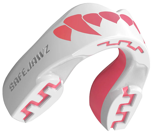 The Safejawz Extro Series Protection Mouthguard - Pink Fangz features a pink fang design, white and pink color scheme, and embossed Safejawz branding, providing hi-impact protection for athletes.