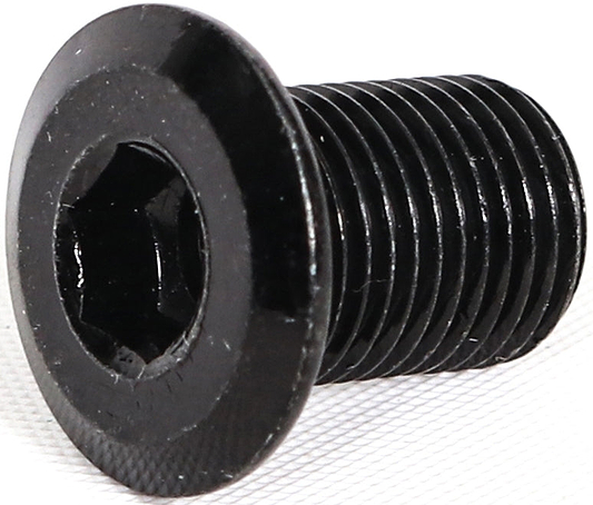 A close-up of the Ethic DTC Stunt Scooter Brake Bolt - Black, featuring a wide flange and threaded body, by Ethic DTC, resting on a white textured surface.