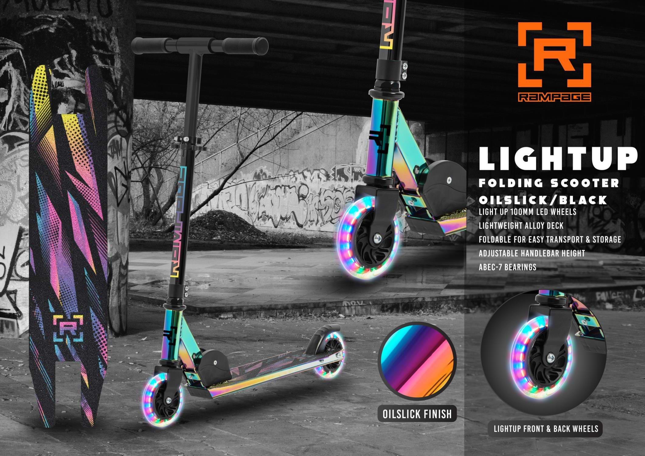 Rampage Light Up Foldable Kick Scooter - Neochrome / Black