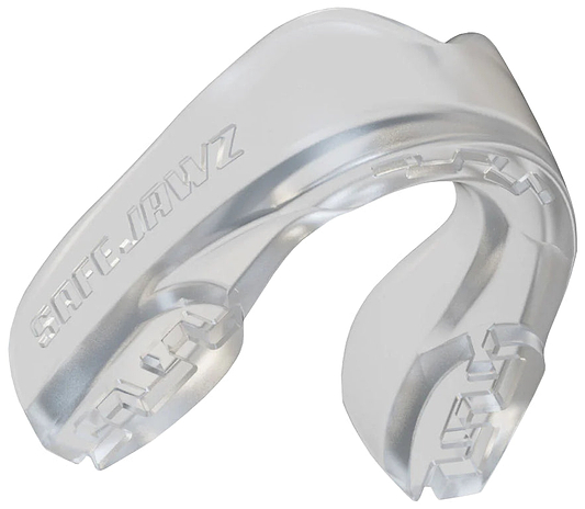The Safejawz Intro Series Protection Mouthguard - Clear by Safejawz offers jaw stability, protects teeth during sports, and ensures a comfortable fit. The clear design features "SAFEJAWZ" embossed on the side.