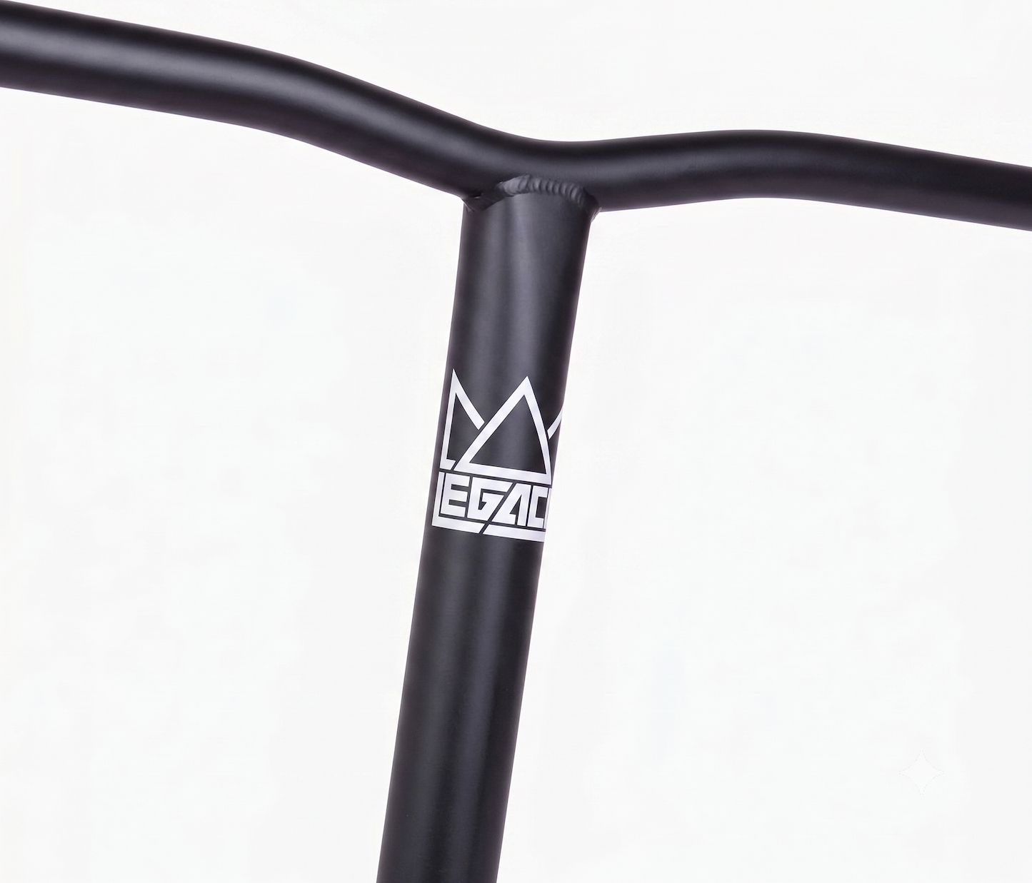 Close-up of Legacy Chromo Lite Steel Oversized HIC/SCS Stunt Scooter Bars in matte black (680mm x 610mm), featuring a white "Legacy" logo with stylized crown on the front. Made from durable chromoly steel; compatible with HIC/SCS setups. Plain white background.