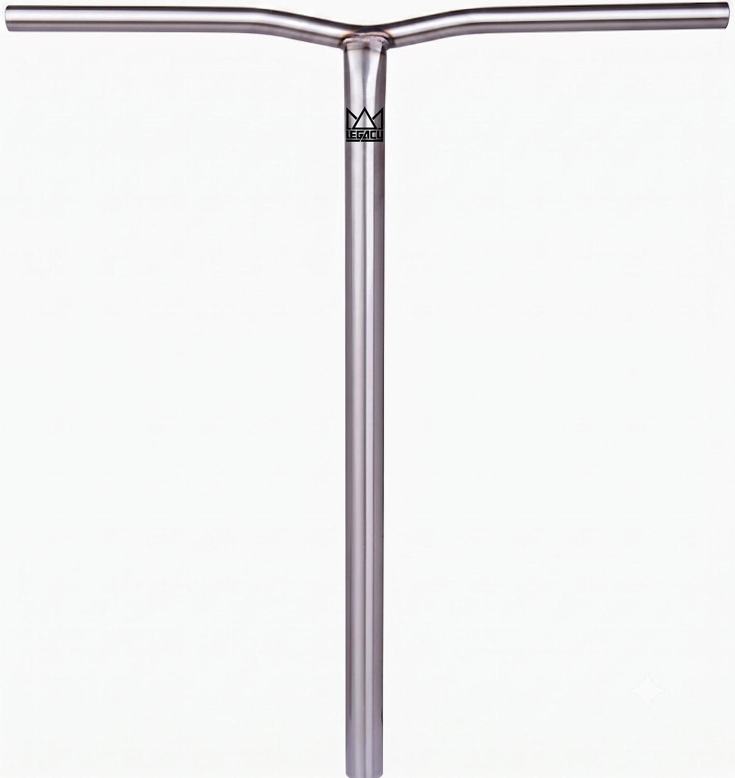 The Legacy Chromo Lite Steel Oversized HIC/SCS Stunt Scooter Bars (Raw, 680mm x 610mm) feature a clean T-shaped chromoly steel design with a small black logo near the top center and come gripless.