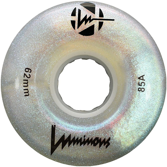 A close-up of a Luminous LED 85A Quad Skate Wheel in White Pearl (62mm), featuring an iridescent, sparkly finish and the "Luminous" label.