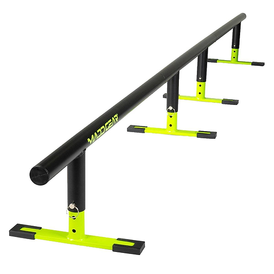 The Madd Gear MGP Ninety9 Grind Rail - 251cm in black and neon yellow, with four sturdy legs and “MAD GEAR” branding, is ideal for skateboard, scooter, or BMX grind practice.