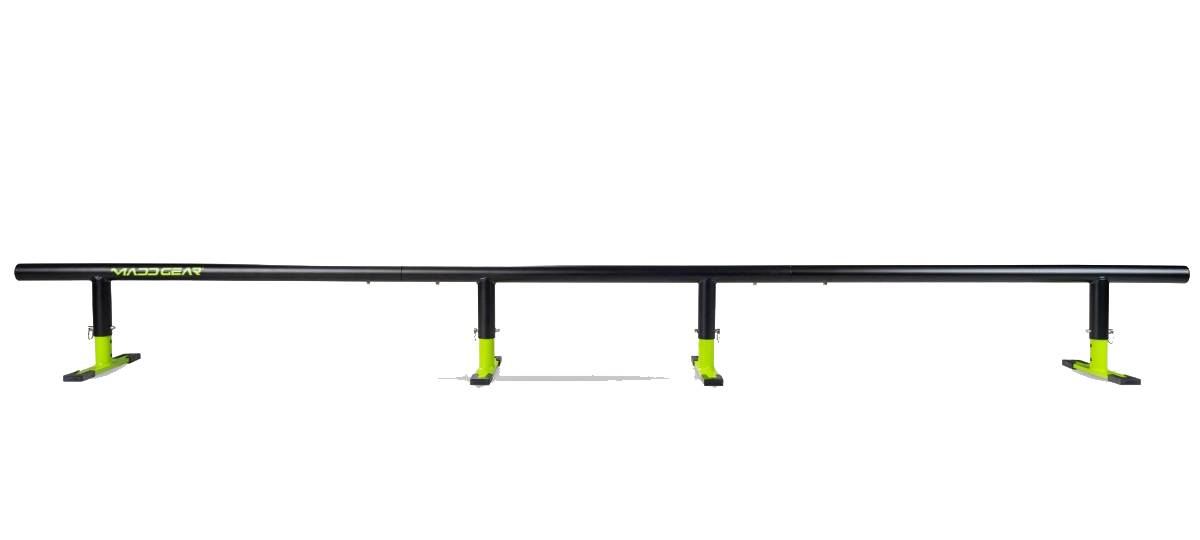 The Madd Gear MGP Ninety9 Grind Rail (251cm), a long black rail with four yellow-green supports by Madd Gear, is set horizontally against a white background for practicing skateboarding or snowboarding tricks.