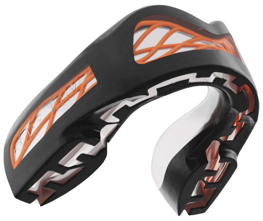 A close-up of the Safejawz Nitro Series Protection Mouthguard in black/red shows its flexible, shock-absorbing build and textured surface for superior protection.