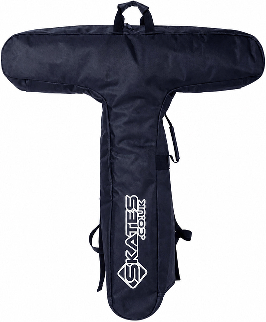 The Skates.co.uk Scooter Bag - Black is a T-shaped bag with handles and a shoulder strap, designed to carry ice or roller skates. It features the white "SKATES.CO.UK" logo on the longer section.