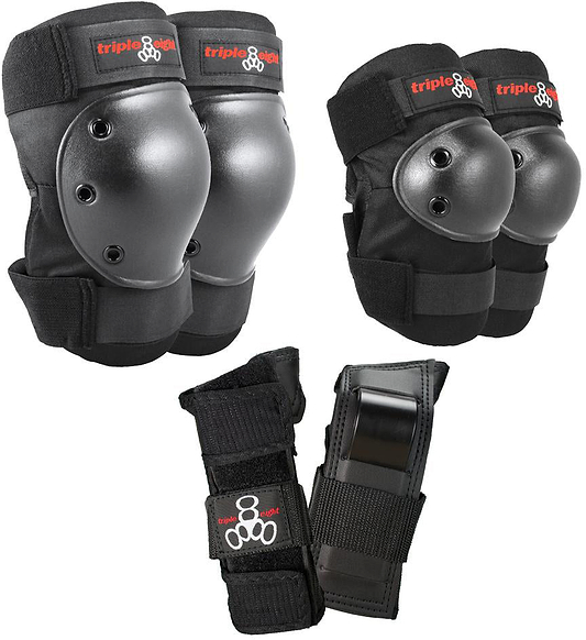 The Triple 8 Saver Series 3-Piece Skate Protection Pad Set in black includes knee pads, elbow pads, and wrist guards with metal-like plates and Triple 8 logos—perfect skate protection for active riders.
