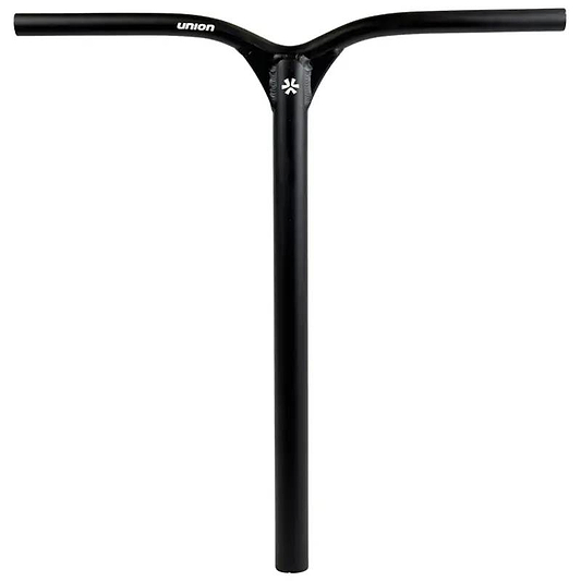 The Union Classic Aluminium Oversized IHC Stunt Scooter Bar in black (560mm x 530mm) features a Y-shaped design, "UNION" printed in white near the top left, and a small white logo below the crossbar on a plain white background.