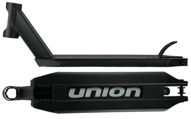 The Union Classic Pro Black Stunt Scooter Deck - 5" by Union is shown from the side and bottom; the underside features "union" in bold white letters. Lightweight and made for park riders, it includes a headtube and rear wheel cutout.