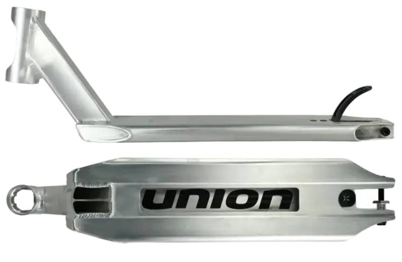 Two views of the Union Classic Pro Silver Stunt Scooter Deck – 5": the top features a black brake, while the bottom displays "UNION" in bold black letters.