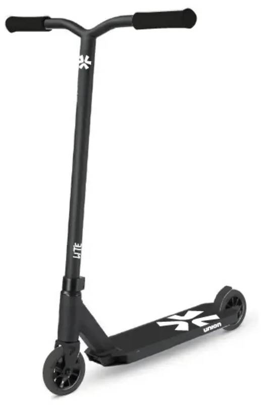 The Union Lite Complete Stunt Scooter by Union features a wide handlebar, black grips and wheels, and a deck with white graphics and "union" on the side—ideal for mastering tricks at the skatepark.