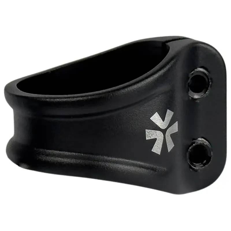 The Union Mono 2 Bolt Oversized Stunt Scooter Clamp by Union is a black clamp with two screw holes and a white geometric logo, designed for secure fitting on stunt scooters and compatible with HIC/IHC compression systems.