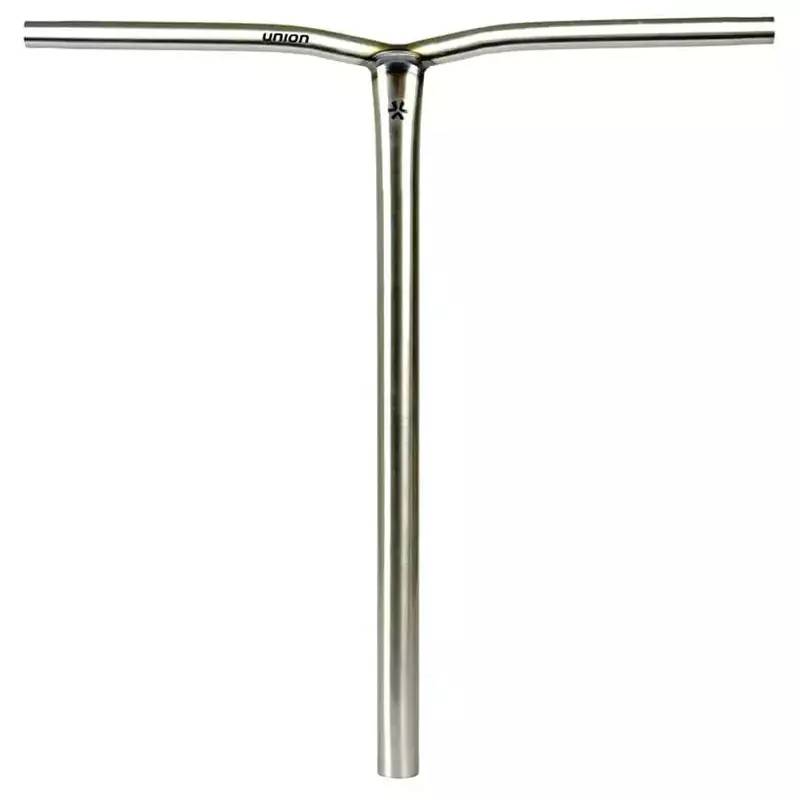The Union Uniq Bend Steel Oversized HIC Stunt Scooter Bar in silver (580mm x 560mm) by Union features a T-shaped design with a central vertical stem and two horizontal bars, shown against a plain white background.