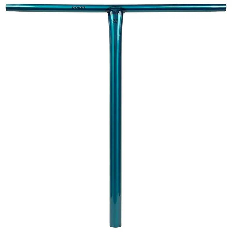 The Union Uniq T Steel Oversized HIC Stunt Scooter Bar in polished teal (600mm x 580mm) by Union features a glossy finish, straight grips, and a durable chromoly steel T-shape—perfect for riders seeking style and strength.