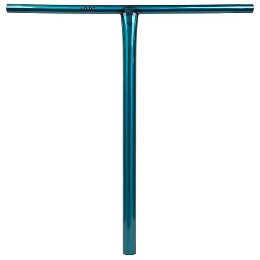 The Union Uniq T Steel Oversized HIC Stunt Scooter Bar in polished teal (600mm x 580mm) by Union features a glossy finish, straight grips, and a durable chromoly steel T-shape—perfect for riders seeking style and strength.