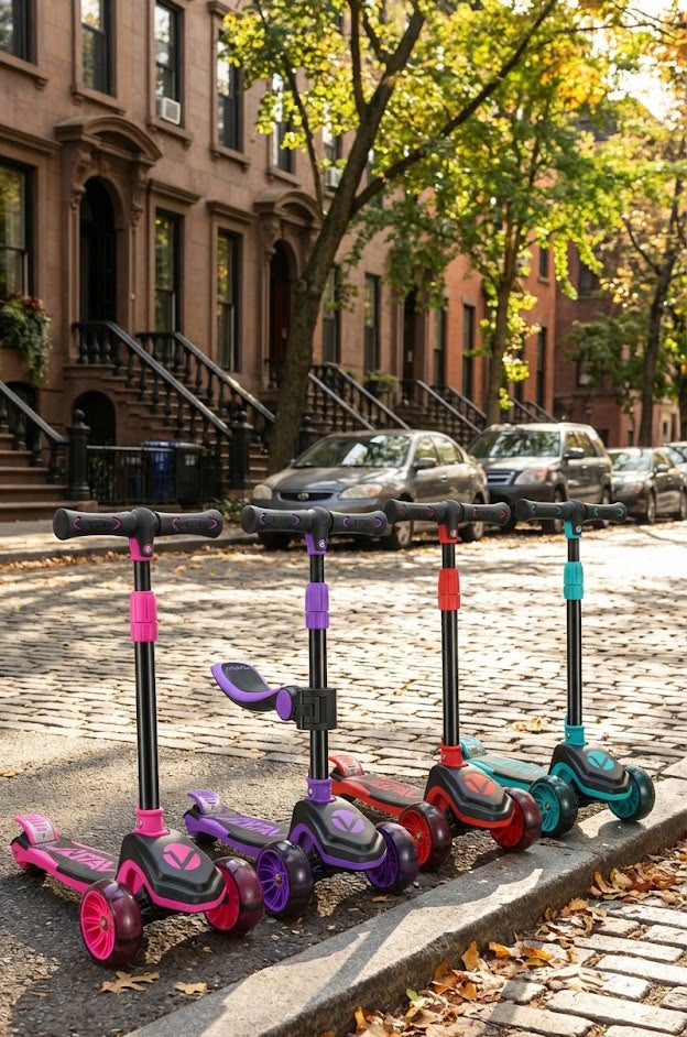 Four Vital Tyke 3 Wheel Kids Scooters, including the pink model with an adjustable seat, are lined up on a cobblestone street in front of parked cars and brownstone buildings on a sunny day.