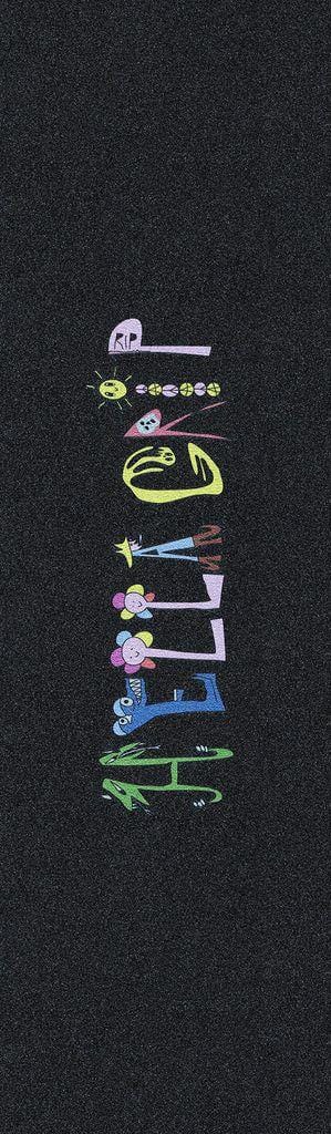 The Hella Grip Classic Signature Stunt Scooter Griptape - Devin Szydlowski features "HELLO" spelled vertically in playful, monster-inspired letters on a black background—ideal for fans of the Hella Grip brand and Devin Szydlowski series.