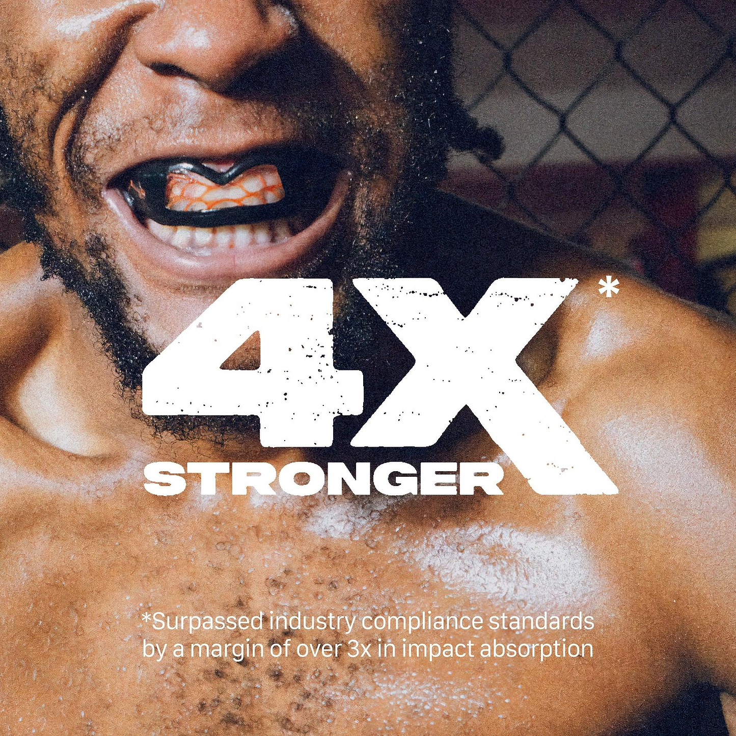 A close-up of a fighter wearing the Safejawz Nitro Series Protection Mouthguard (Black/Red), roaring. Bold text: “4X STRONGER.” Small text notes this Safejawz mouthguard exceeds industry standards by over 3x in impact absorption.