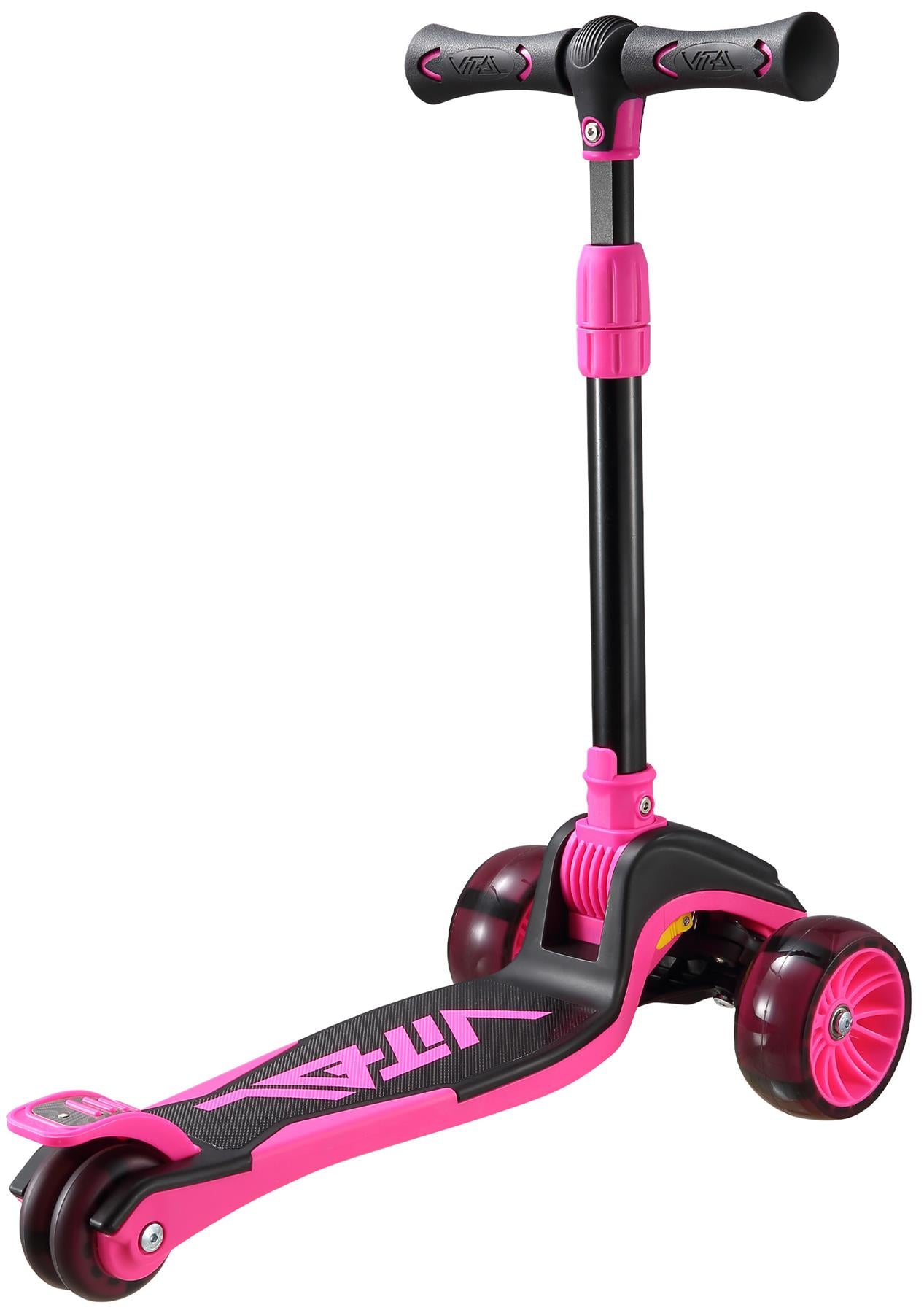 The Vital Tyke 3 Wheel Kids Scooter - Pink by Vital features a wide deck, two front wheels, one rear wheel, and adjustable pink handlebar grips—ideal as a first scooter for your child.