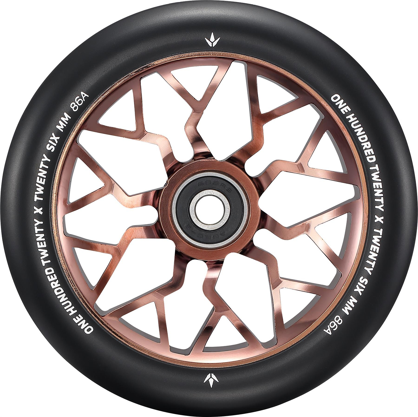 A close-up of the Blunt Envy Sector 120mm Stunt Scooter Wheel - Copper shows its metallic copper geometric spoke design and white tire text reading "ONE HUNDRED TWENTY X TWENTY SIX MM 86A.