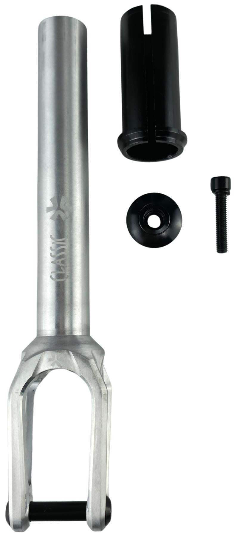 The Union Classic Lightweight IHC Stunt Scooter Fork - Polished by Union, with a star logo, includes a black compression insert, top cap, and long bolt, all arranged vertically on a white background.