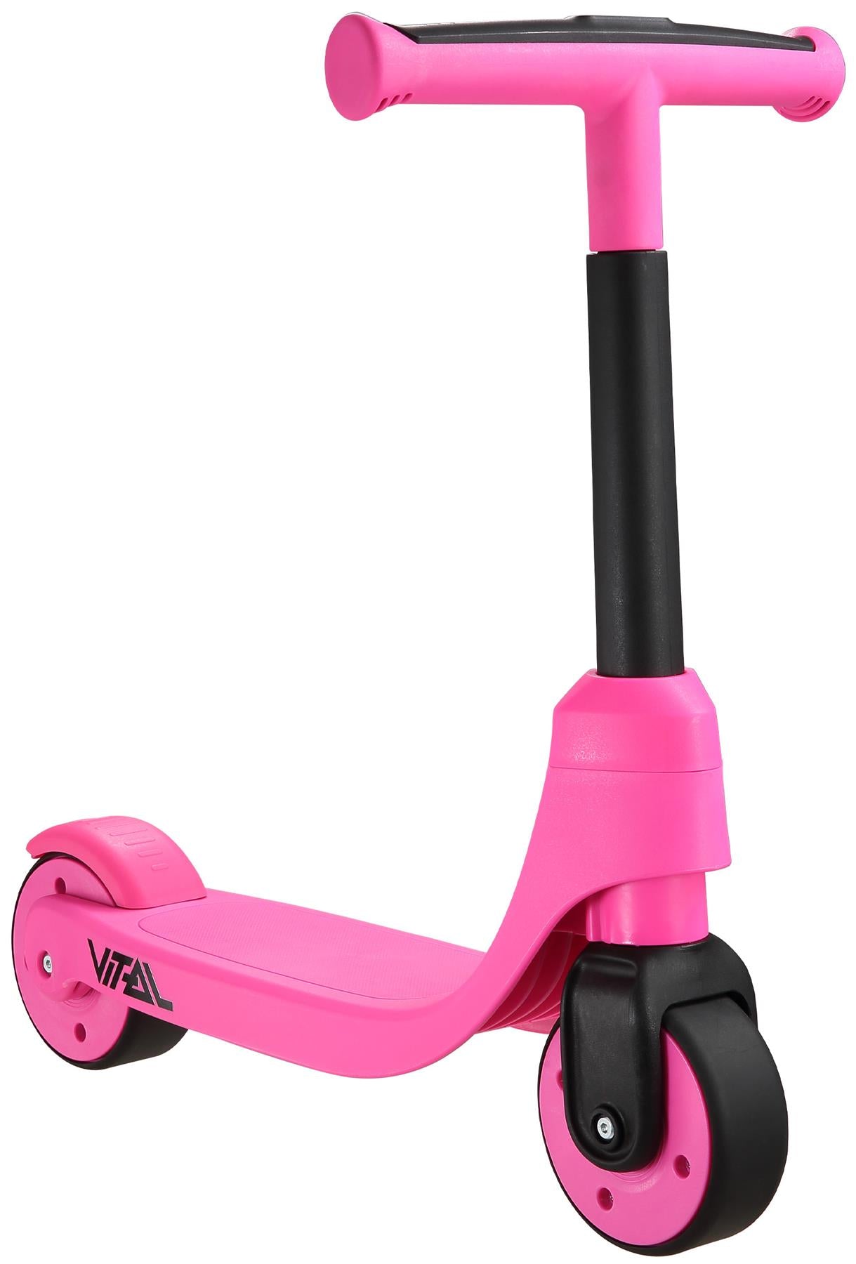 The Vital First Kids Scooter by Vital features a pink design with three black wheels and a black handlebar stem, shown on a white background.