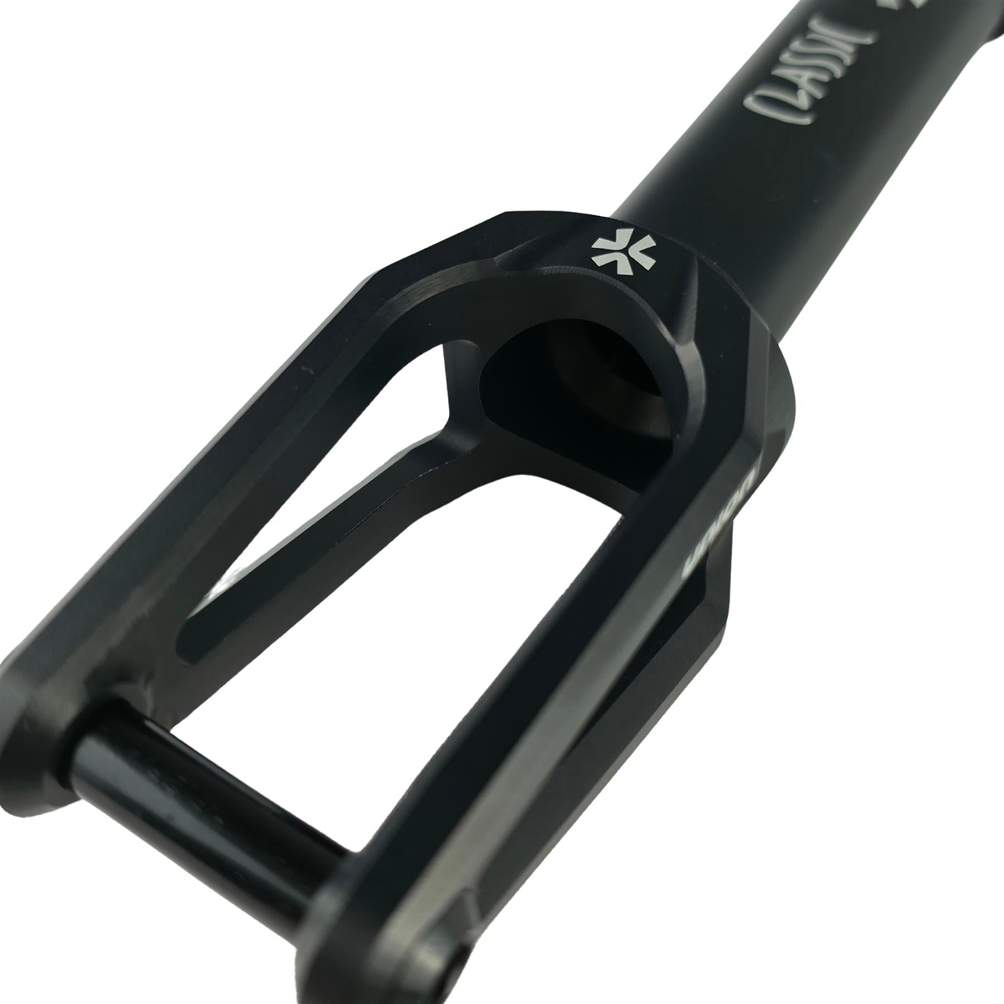 Close-up of the Union Classic Lightweight IHC Stunt Scooter Fork in black, featuring angular edges and a four-arrow logo—an ideal strong, lightweight choice for riders from Union.