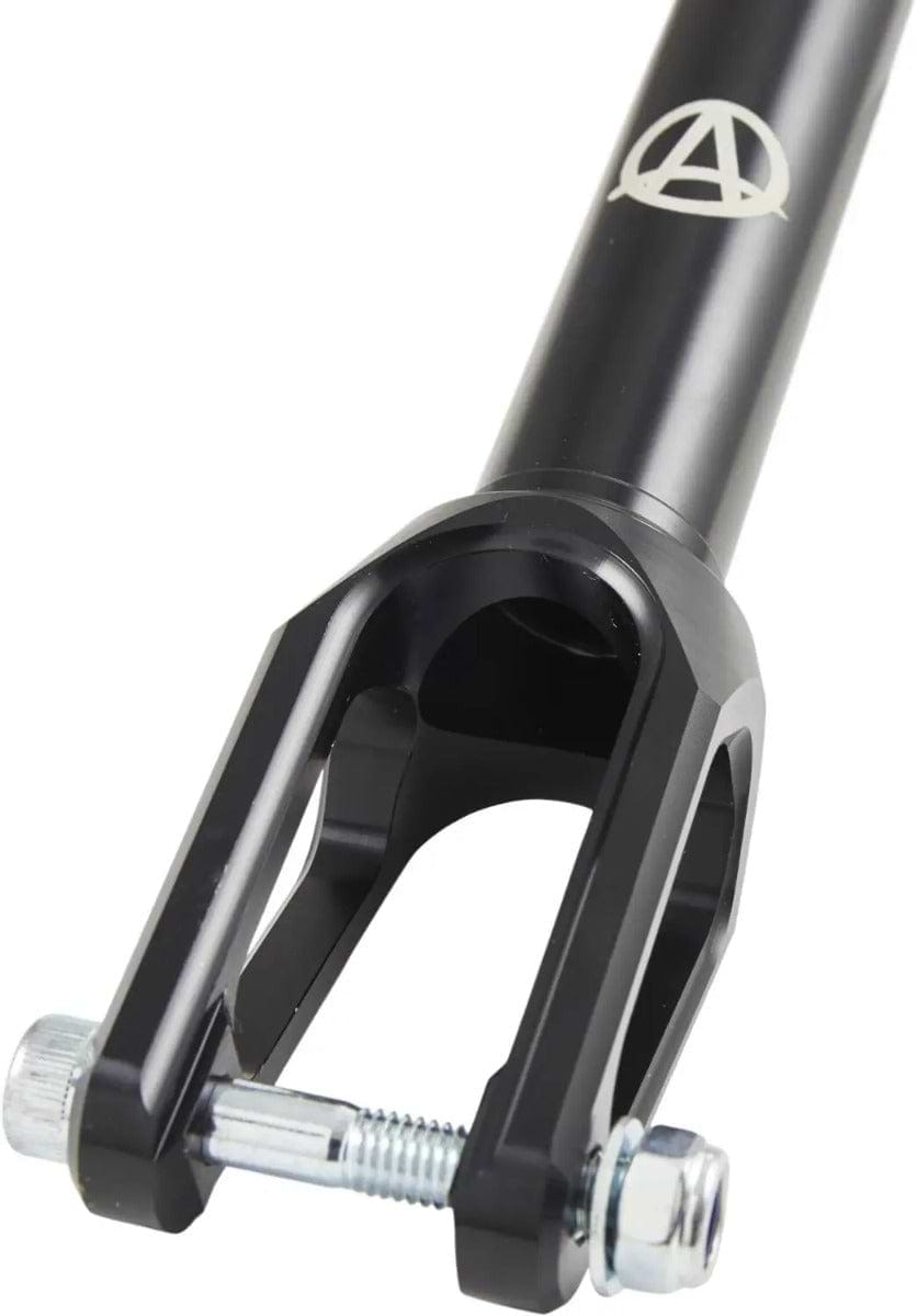 Close-up of the Apex Quantum Lite SCS/HIC Stunt Scooter Fork in sleek black, featuring a logo near the top. Made by Apex from durable 7075 aluminum, it includes a robust metal axle bolt and nuts at the bottom for reliable wheel attachment to your scooter.