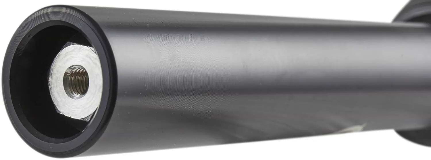 Close-up of a cylindrical black metal rod made from 7075 aluminum, featuring a threaded hole at one end. The surface is smooth and reflective—ideal for precision components such as the Apex Quantum Lite SCS/HIC Stunt Scooter Forks provided by Apex.