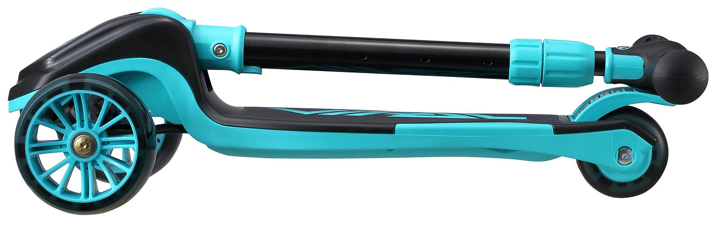 The Vital Tyke 3 Wheel Kids Scooter by Vital, in teal, is shown folded flat with two large front wheels and a smaller rear wheel visible.