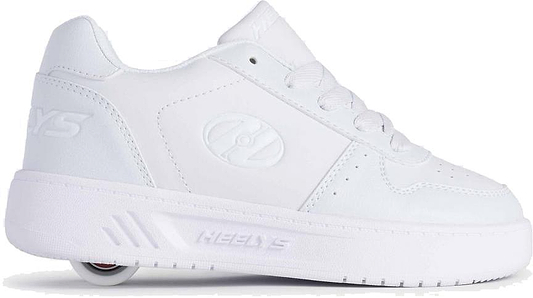 The Heelys Kama Girls Shoes in White feature low-profile concealed wheels, classic court-style design, and the Heelys logo on the side and sole—ideal for walking or rolling in style.