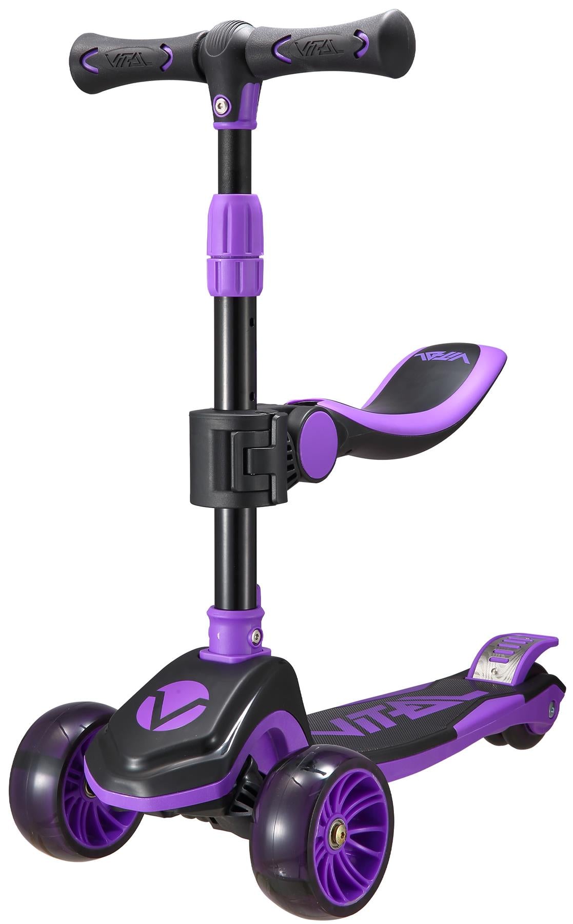 The Vital Tyke 3 Wheel Kids Scooter - Purple by Vital features a sturdy frame, two front wheels, one rear wheel, an adjustable handlebar and seat—ideal as a first scooter for kids, providing comfort and stability while they ride.