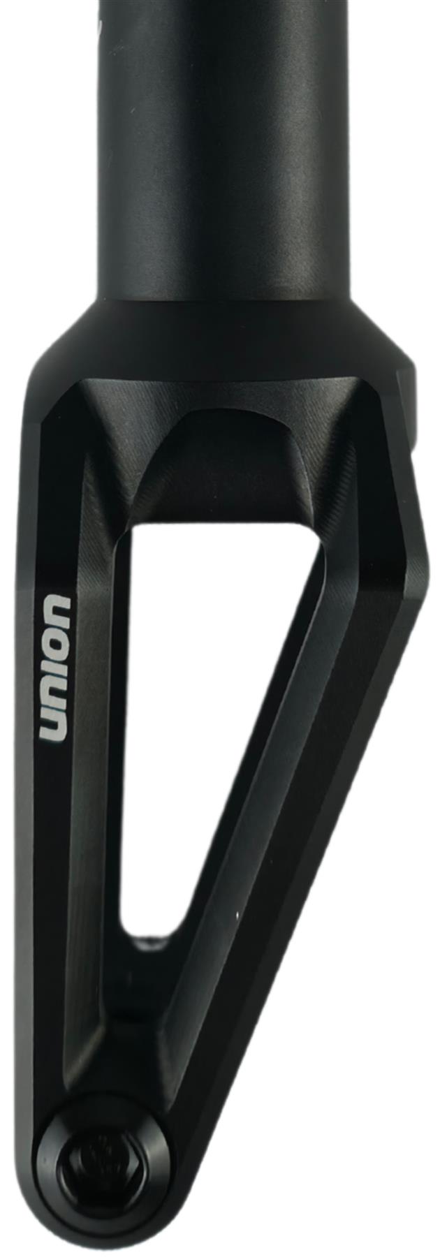 Close-up of the Union Classic Lightweight IHC Stunt Scooter Fork in black, featuring "Union" branding, smooth angular machining, and a bolt hole—hallmarks of this durable and lightweight scooter fork by Union.