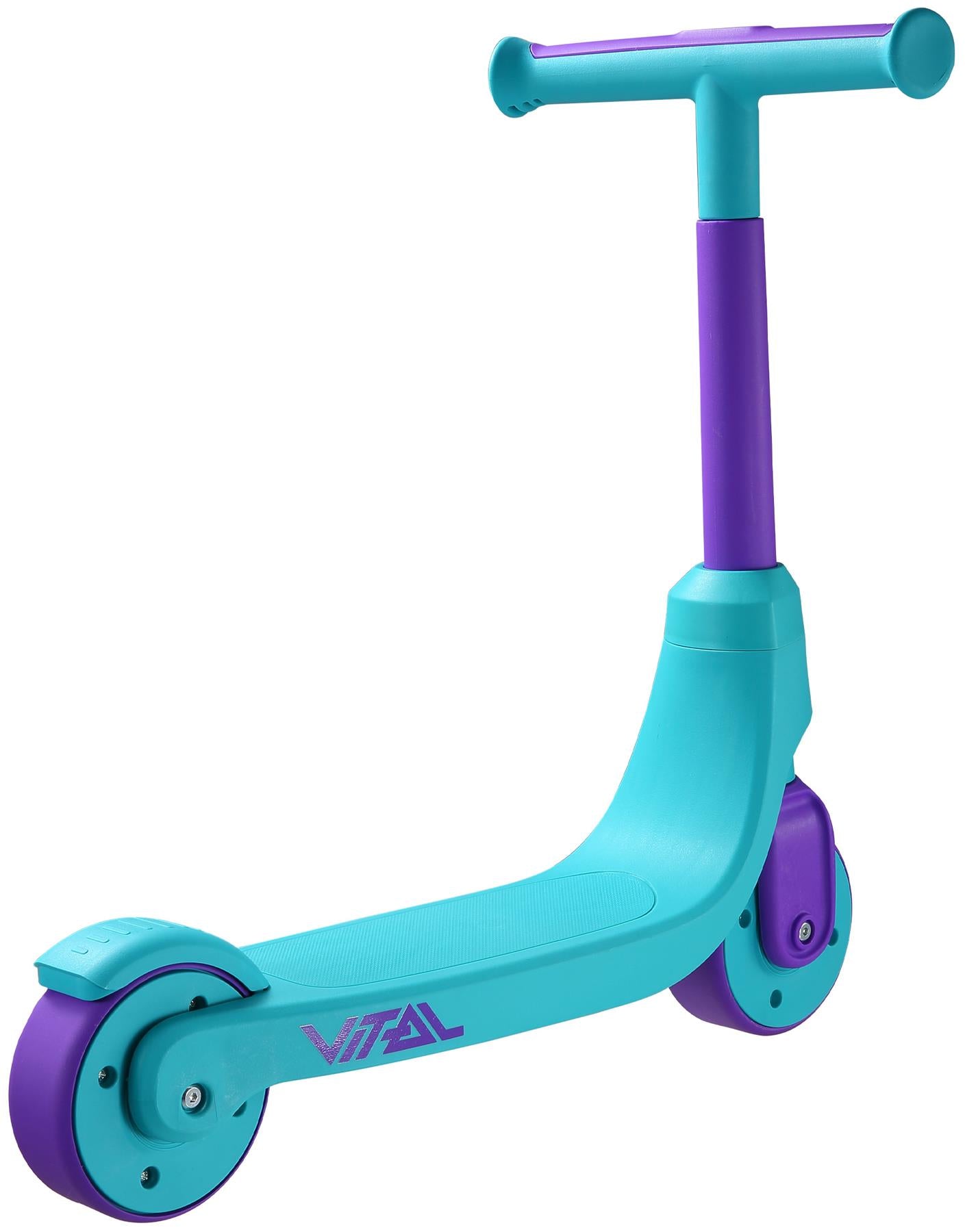 The Vital First Kids Scooter - Teal / Purple by Vital features three wheels, a wide deck, and bold "VITAL" branding—ideal for toddlers getting started before advancing to a 2-wheel scooter.