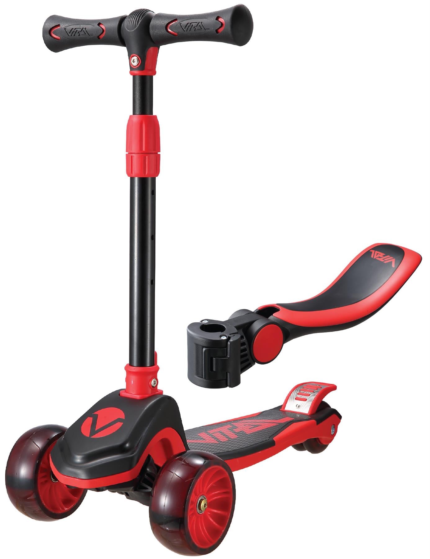 The Vital Tyke 3 Wheel Kids Scooter - Red by Vital features an adjustable handlebar and optional seat—ideal as a child’s first scooter.