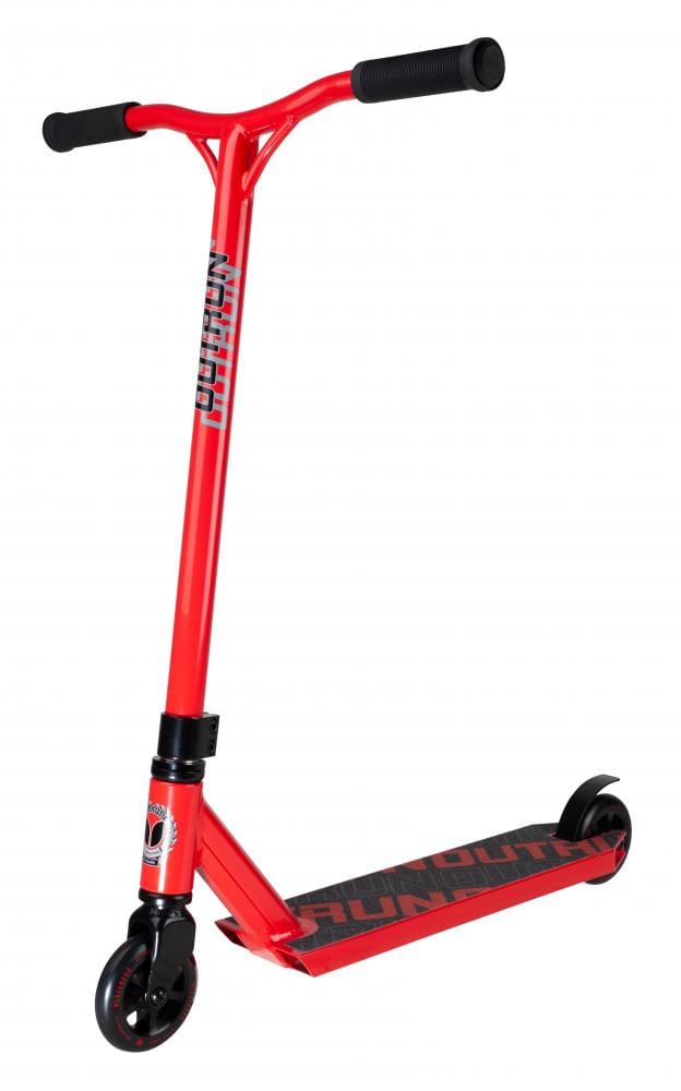 The Blazer Pro Outrun 2 Complete Stunt Scooter - Red, by Blazer Pro, showcases durable Chromoly Steel handlebars. It features a modern design with a red deck complemented by a black grip with red detailing, along with strong black handlebars and wheels, creating an appealing black and red color combination.