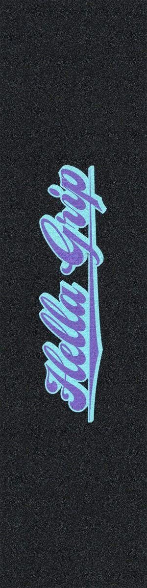 The Hella Grip Classic Stunt Scooter Griptape - Yikes by Hella Grip features a black textured surface with "Hella Grip" in cursive blue and purple letters, vertically aligned. Made from premium silicone carbide for lasting durability and performance.
