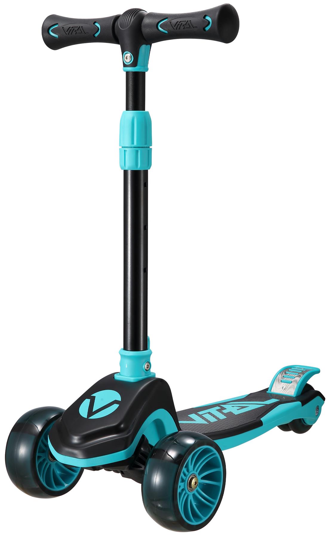 The Vital Tyke 3 Wheel Kids Scooter by Vital, in teal, features an adjustable handlebar, wide foot deck, and two front wheels for stability—ideal as a first scooter for young children.