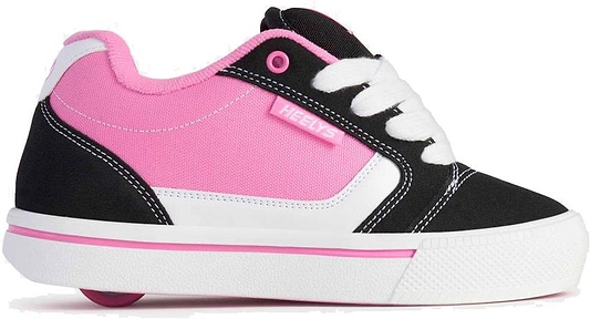 The Heelys Pro 25 V2 Girls Shoes by Heelys in black, white, and pink feature white laces, visible stitching, and a small heel wheel—ideal for anyone who loves retro-inspired footwear with '90s vibes.
